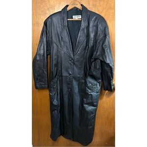 VINTAGE 90s Black Leather Longline Trench Coat Western Goth Y2K Matrix Mcbling